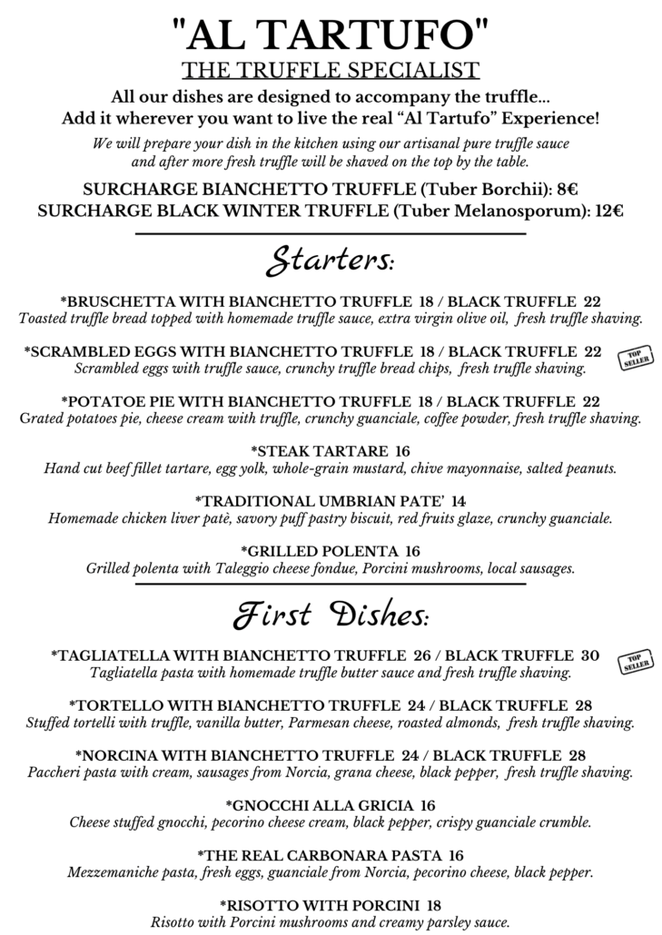 MENU TARTUFO ANTIPASTI PRIMI INGLESE