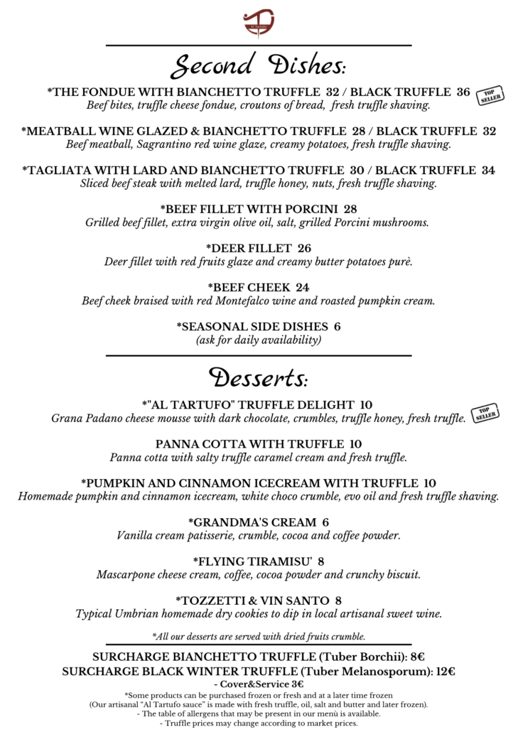MENU TARTUFO SECONDI INGLESE